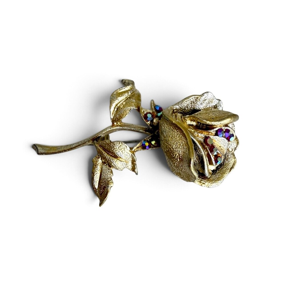 Vintage 1960s-70s Gold Tone Rose Brooch Aurora Borealis Rhinestones